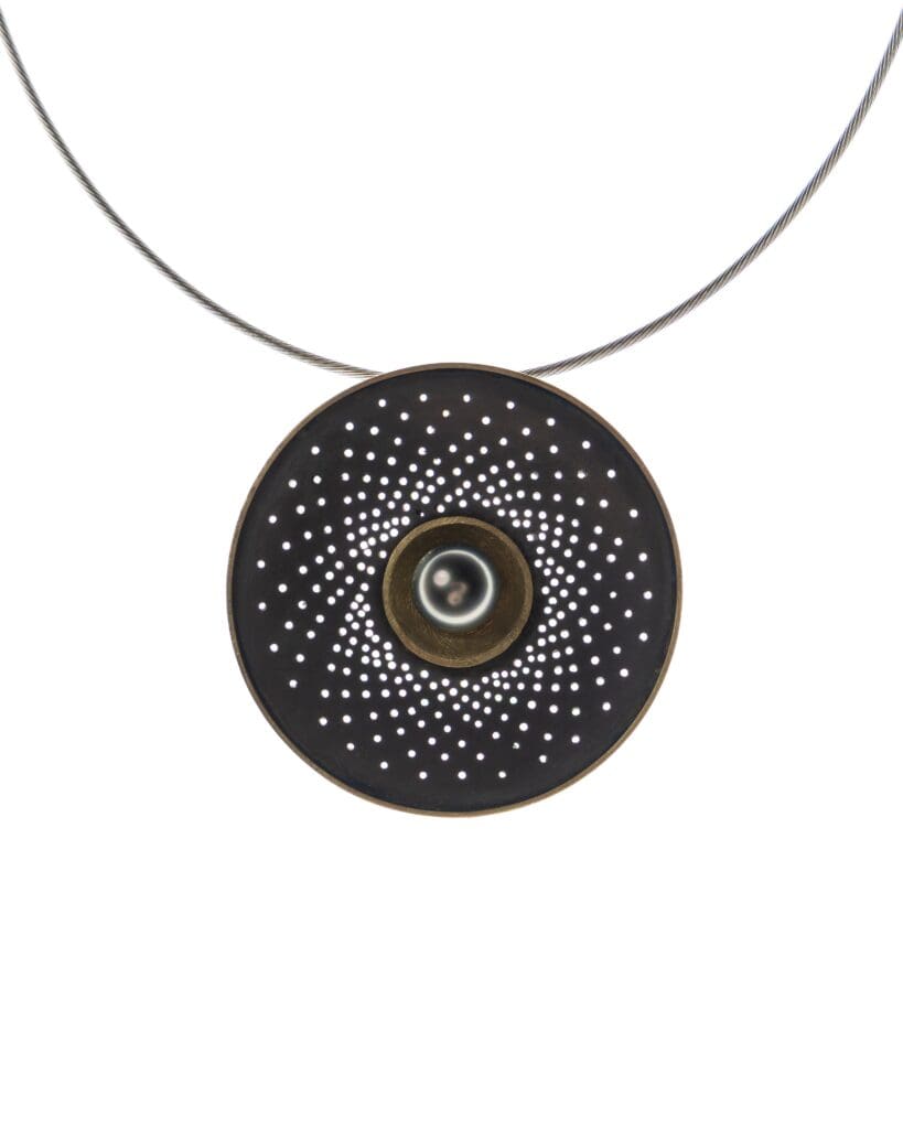 Time, Pendant in Oxidized silver and 18kt gold with Black Tahitian pearl by Goldsmith Tiffany Budd, Jewellery design, high-End jewellery design, Sligo Ireland