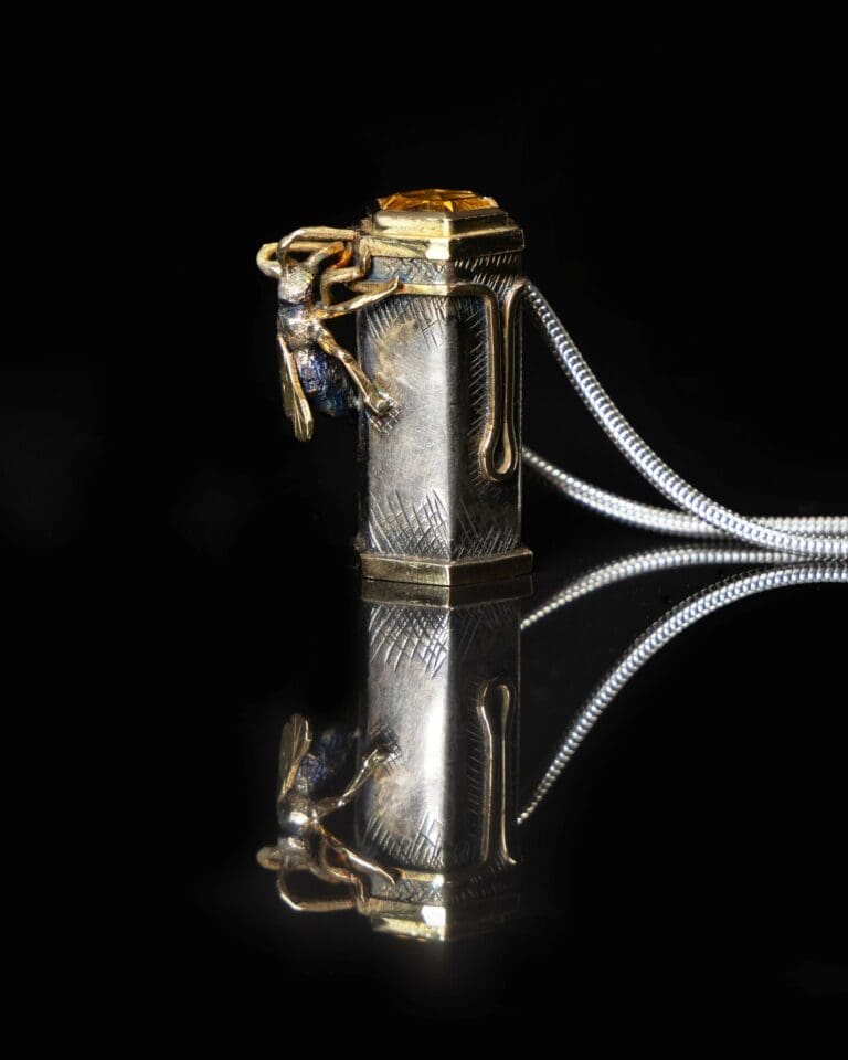 Prosperity, Citrine in silver and gold bee pendant, by Goldsmith Tiffany Budd. Irish contemporary jewellery design, hand made Irish jewellery