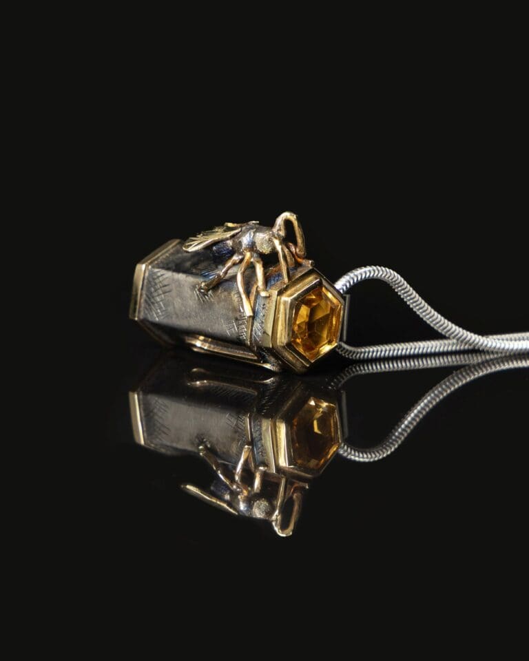 Prosperity, Citrine in silver and gold bee pendant, by Goldsmith Tiffany Budd. Irish contemporary jewellery design, hand made Irish jewellery