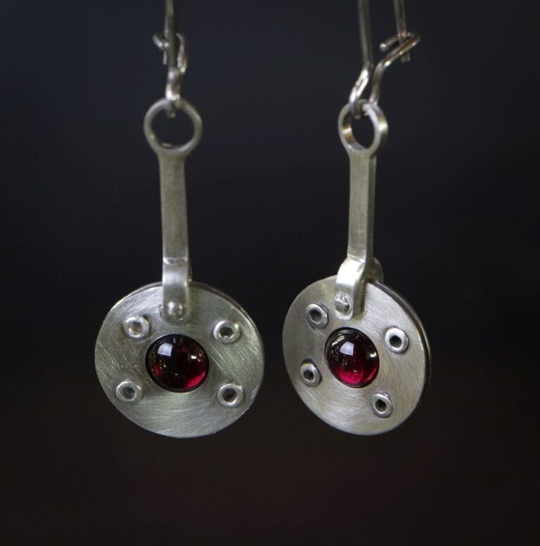 garnet, cabochon, silver, riveted, earrings, high-end, Hand made, Goldsmith, Sligo, Ireland