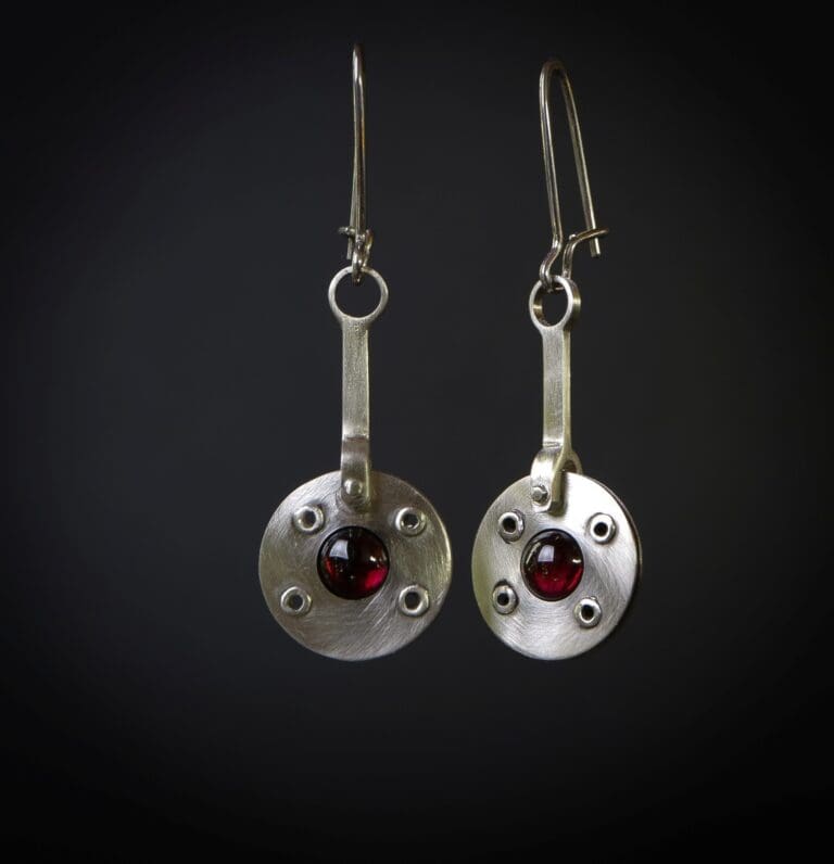 garnet, cabochon, silver, riveted, earrings, high-end, Hand made, Goldsmith, Sligo, Ireland